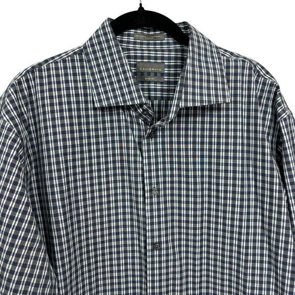 Calibrate Dress Shirt Mens 17.5 34/35 Non Iron Trim Fit Blue Check Button Up - Picture 8 of 10
